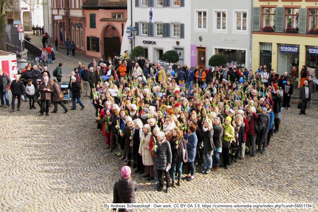 Pro-Europa-Demonstranten bilden ein Herz auf dem Augustinerplatz in Freiburg. In der Hand tragen sie eine Tulpe – als Signal an die Niederlande.